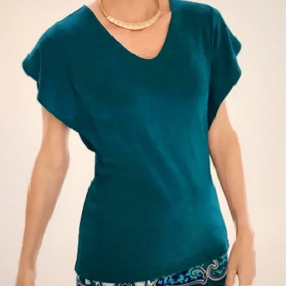 CHICO’S Travelers Easy Care Blouse Short Flutter Sleeve Teal Size XL